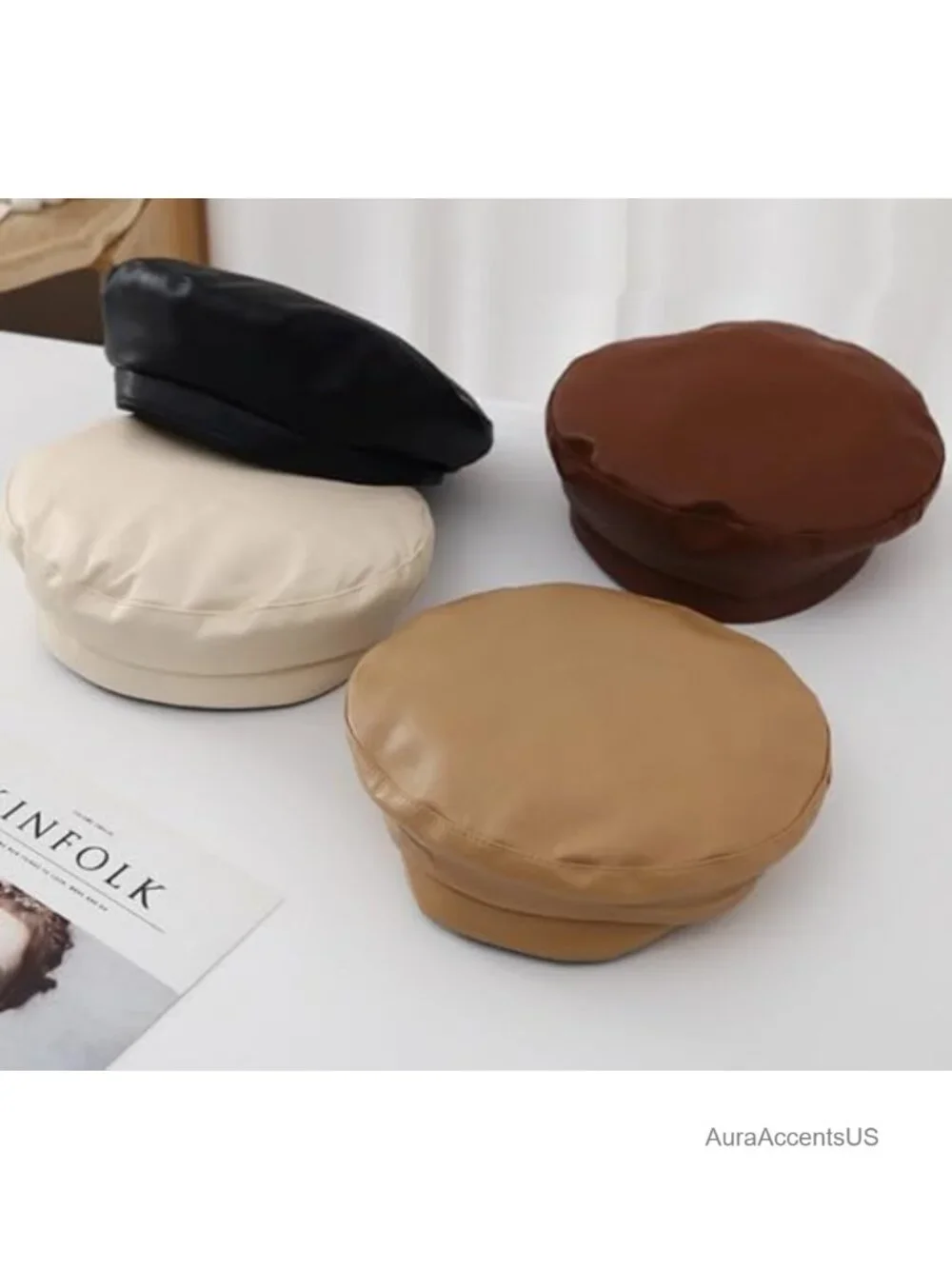 PU Leather Vintage Beret Hat Adjustable Newsboy Cap